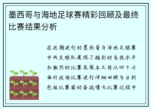 墨西哥与海地足球赛精彩回顾及最终比赛结果分析