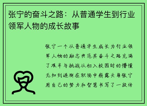 张宁的奋斗之路：从普通学生到行业领军人物的成长故事